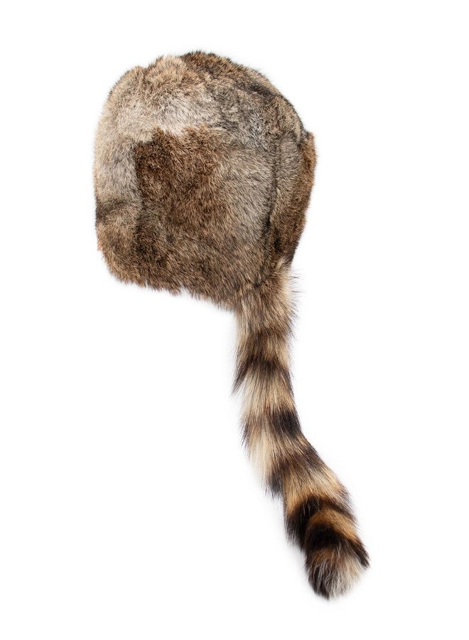 Surell Coonskin Davy Crockett Hat - 100% Real Rabbit Fur Crown - Raccoon Tail Winter Hat - Unisex, Brown - Image 1